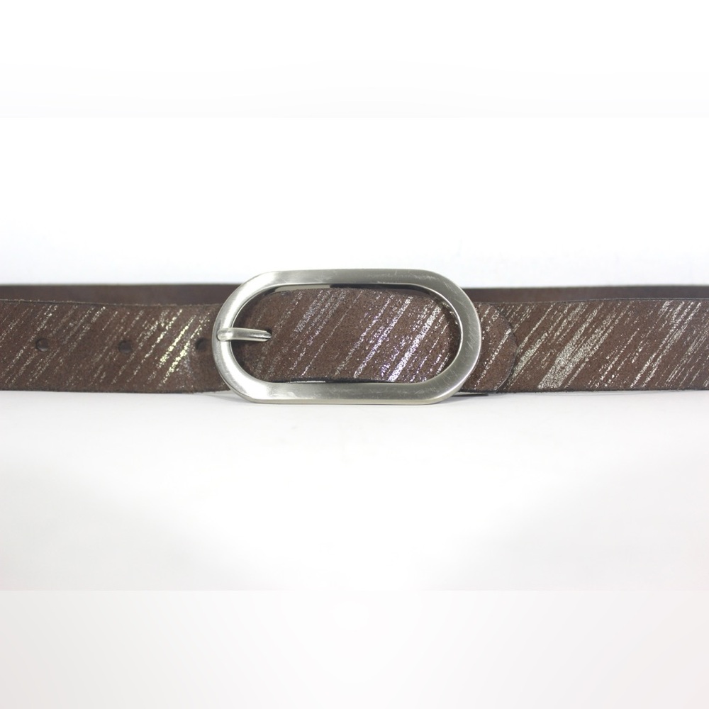 Vintage Metallic Silver Brush Stroke On Dark Brown Leather Belt Brushed Silver
